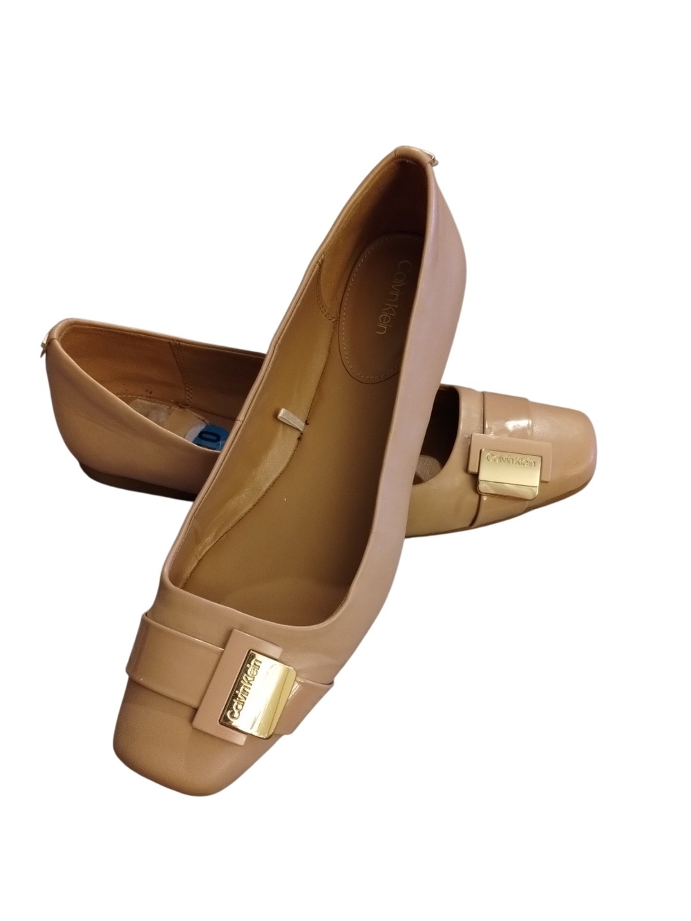 Calvin Klein Beige Nude Leather Square-Toe Ballet Flats with Gold Accent Sz 10